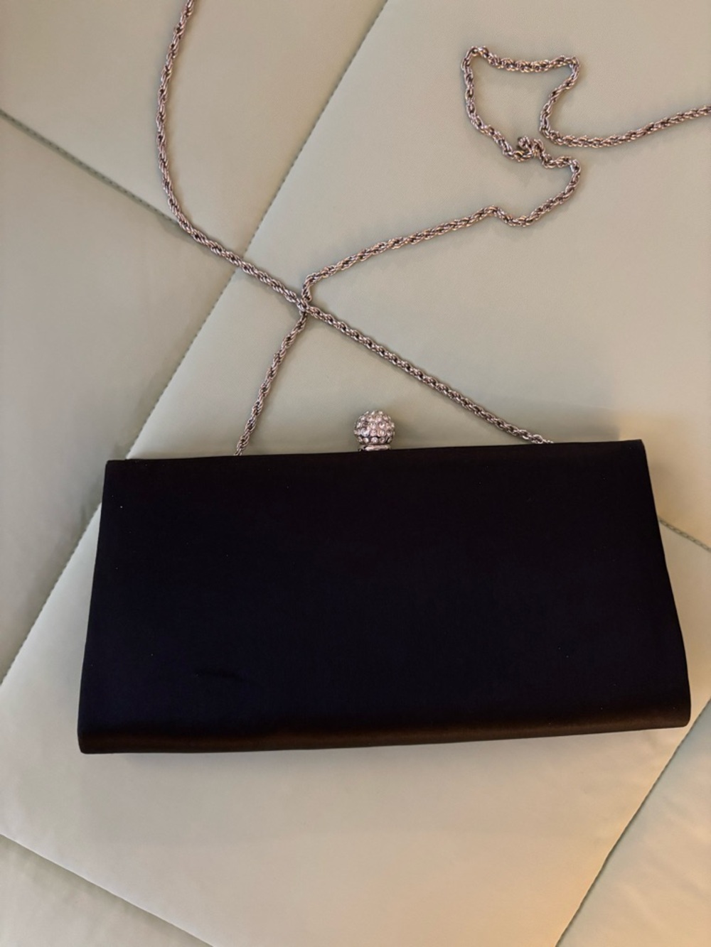 Elegant Black Satin Evening Clutch with Crystal Kiss-Lock